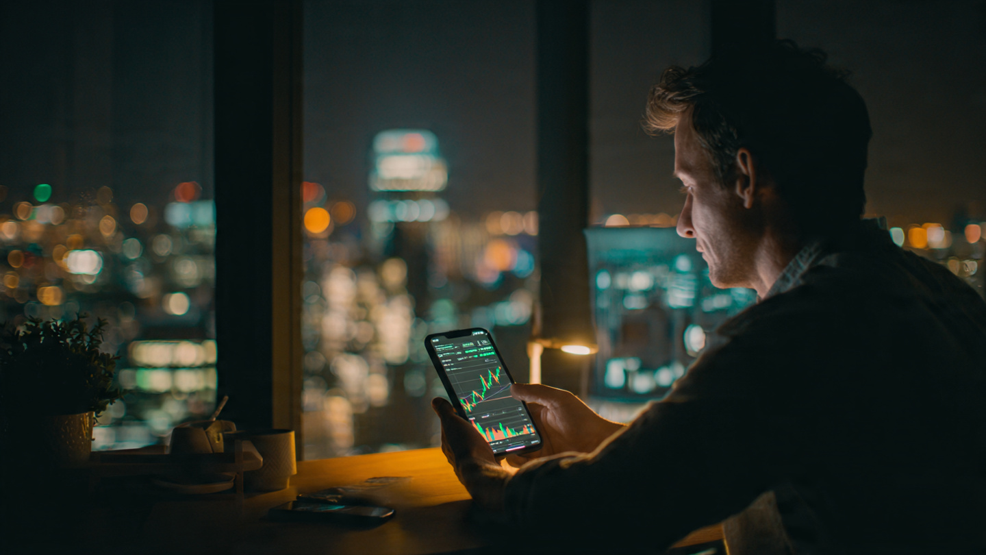 Empresário à noite com smartphone mostrando dashboard financeiro