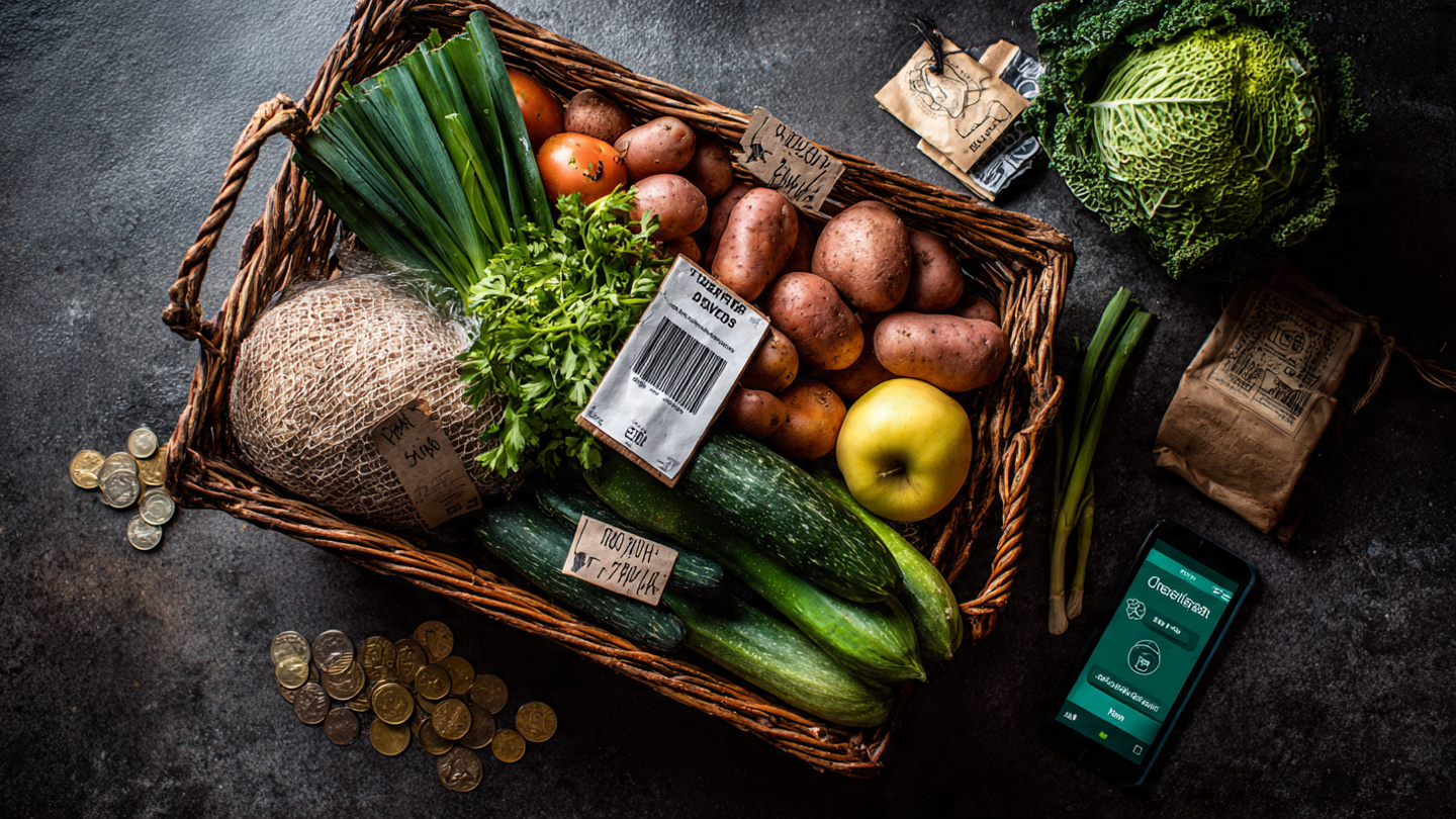 Cesta de compras com produtos frescos e smartphone