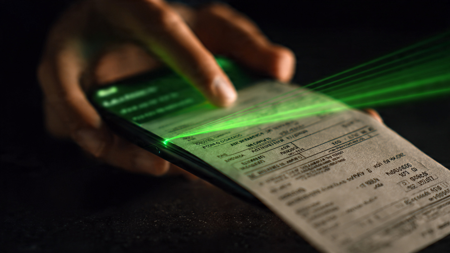 Smartphone escaneando nota fiscal com raio laser verde