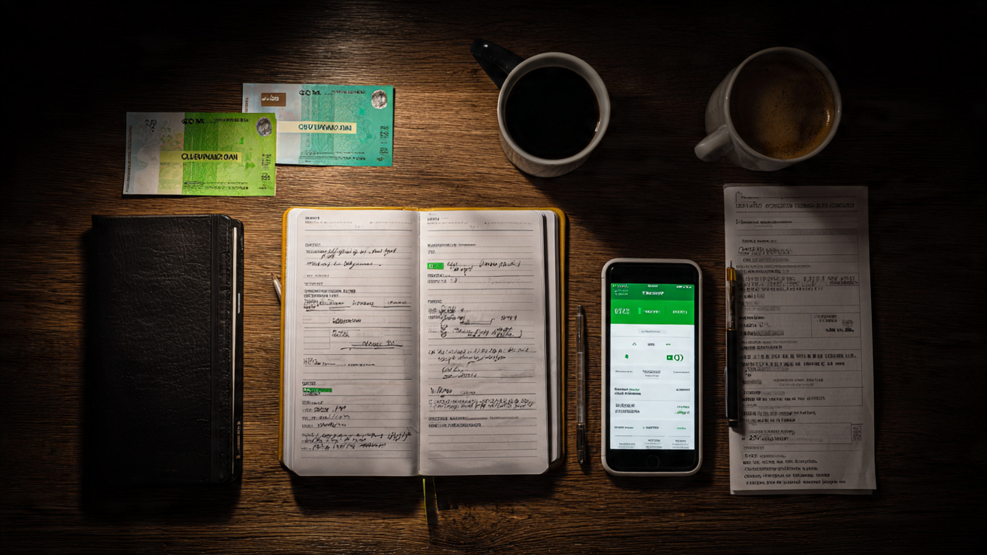 Mesa com boletos, caderno e smartphone mostrando app financeiro
