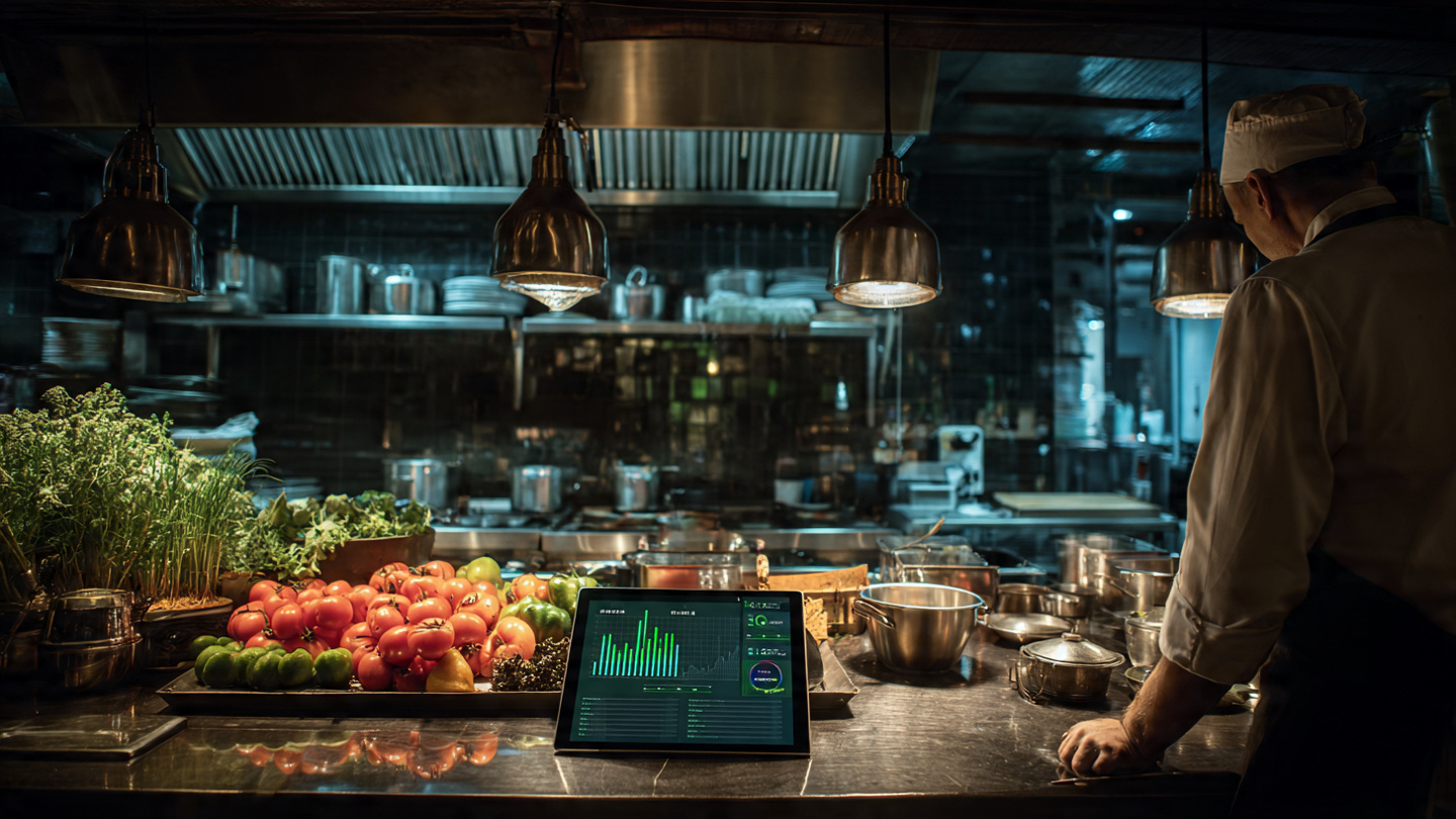 Cozinha de restaurante com chef e tablet mostrando gráficos de fornecedores