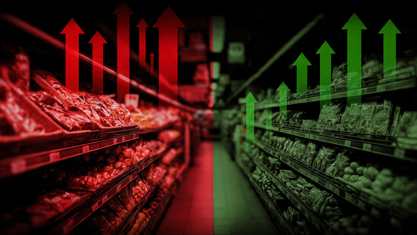 Supermercado dividido com setas vermelhas de alta e setas verdes de economia