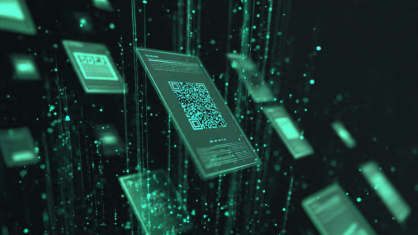 Documentos digitais com QR code flutuando em espaço digital verde