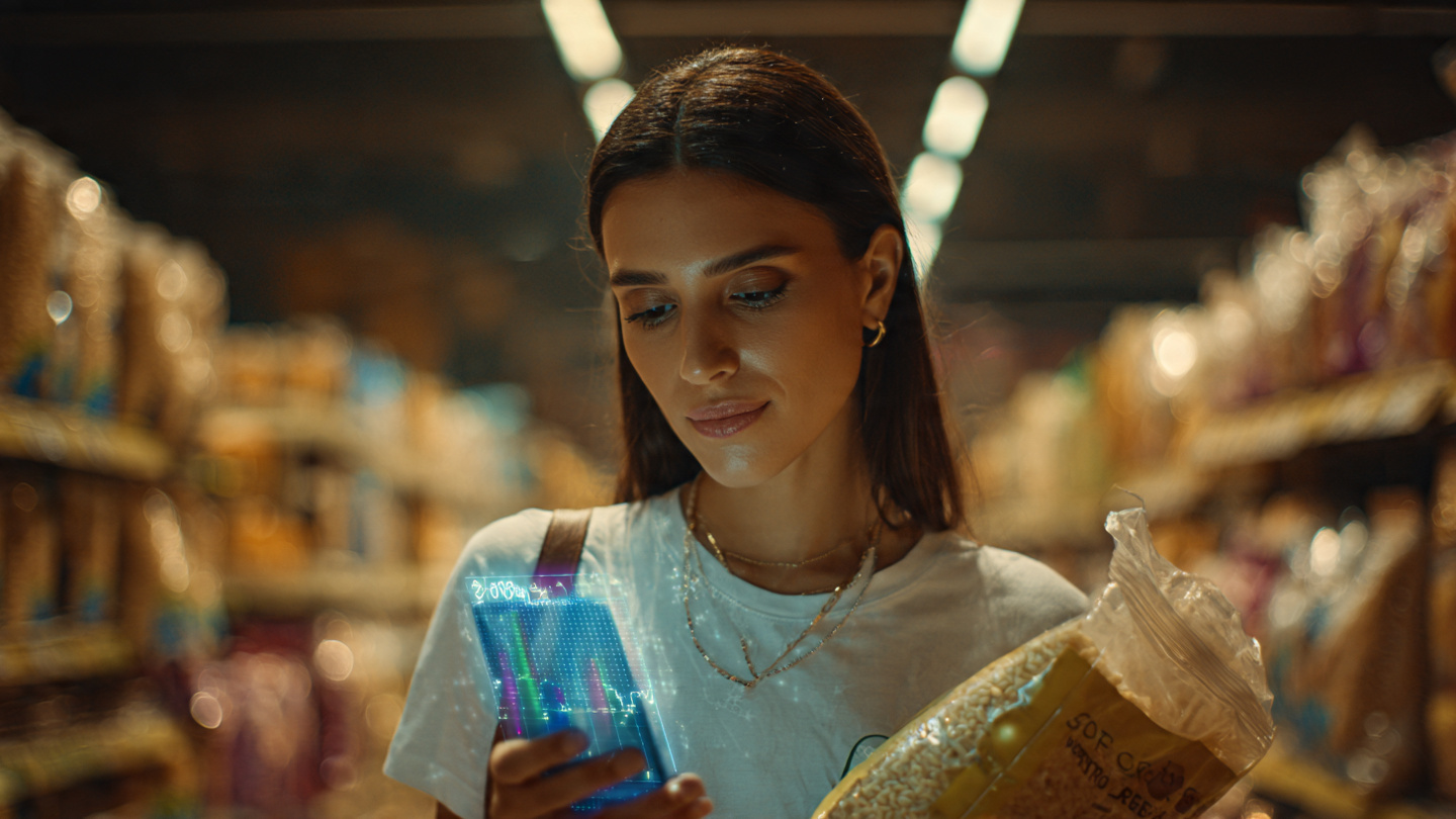 Mulher no supermercado comparando produtos com smartphone